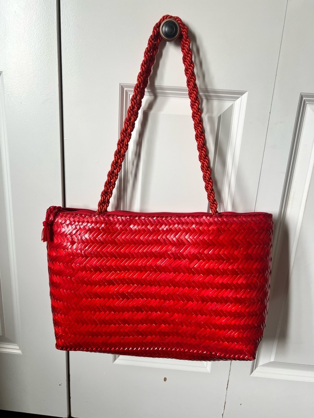 Vintage Red Woven Tote Bag with Decorative Fish and Shell Accents by Oggi Domani - Picture 8 of 14
